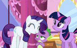 Size: 400x252 | Tagged: safe, derpibooru import, screencap, rarity, spike, twilight sparkle, dragon, pony, unicorn, green isn't your color, animated, cute, excited, female, happy, jumping, loop, male, mare, pronking, raribetes, unicorn twilight