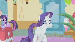 Size: 450x253 | Tagged: animated, derpibooru import, party of one, plant, punch, rarity, safe, screencap, spit take