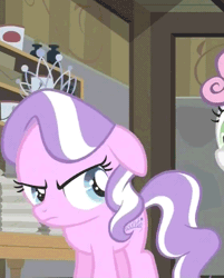 Size: 560x698 | Tagged: safe, derpibooru import, screencap, diamond tiara, sweetie belle, ponyville confidential, angry, animated, cropped, floppy ears, offscreen character, raspberry, solo focus, tongue out