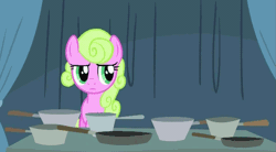 Size: 805x444 | Tagged: suggestive, derpibooru import, edit, edited screencap, screencap, daisy, flower wishes, earth pony, pony, family appreciation day, animated, behold, caption, eat a dick, female, frown, grin, image macro, mare, pans, pointing, pots, reaction image, retail, saucepan, smiling, solo, solo female, tent, underhoof, vulgar