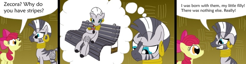 Size: 1645x432 | Tagged: apple bloom, artist:cgeta, comic, derpibooru import, lies, paint, paint on fur, safe, zebra, zecora