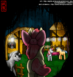 Size: 500x526 | Tagged: semi-grimdark, artist:slightly-stratus, derpibooru import, apple bloom, oc, oc:grey hoof, oc:mitta, oc:roneo, oc:starlet, earth pony, pony, story of the blanks, animated, apple bloom's bow, bow, creepy, dark, eerie, female, fence, filly, forest, gif, hair bow, lantern, looking at you, male, mare, red eyes, scenery, smiling, stallion, sunny town, town, tree, whirlgif