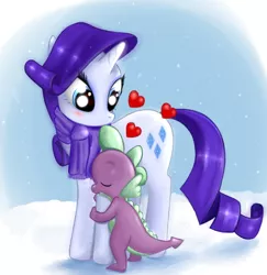 Size: 804x826 | Tagged: safe, artist:shephardadv, derpibooru import, rarity, spike, dragon, pony, unicorn, blushing, female, heart, hug, interspecies, leg hug, male, mare, shipping, snow, sparity, straight