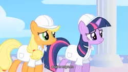 Size: 597x338 | Tagged: applejack, derpibooru import, hard hat, hat, safe, screencap, twilight sparkle, youtube caption