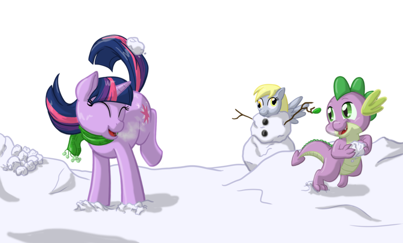 Size: 2016x1214 | Tagged: safe, artist:rustedrabbit, derpibooru import, derpy hooves, spike, twilight sparkle, pegasus, pony, clothes, eyes closed, female, mare, scarf, snow, snowman, snowpony, trio