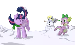 Size: 2016x1214 | Tagged: safe, artist:rustedrabbit, derpibooru import, derpy hooves, spike, twilight sparkle, pegasus, pony, clothes, eyes closed, female, mare, scarf, snow, snowman, snowpony, trio