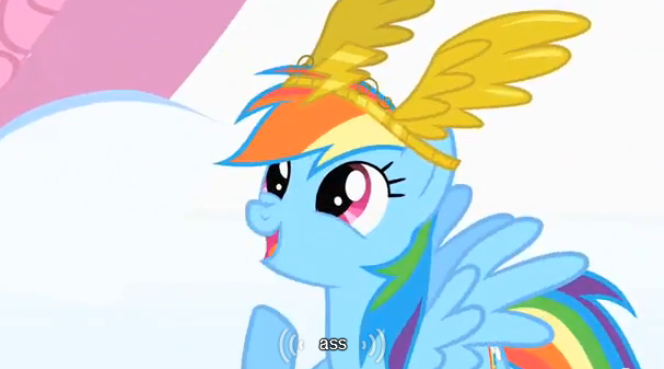 Size: 607x337 | Tagged: ass, derpibooru import, meme, rainbow dash, safe, screencap, sonic rainboom (episode), vulgar, youtube caption