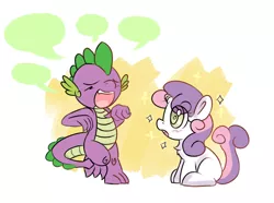 Size: 888x659 | Tagged: dead source, safe, artist:haute-claire, derpibooru import, spike, sweetie belle, dragon, pony, unicorn, adorable face, blushing, chest fluff, cute, empty speech bubble, female, filly, male, open mouth, shipping, sitting, sparkles, speech bubble, spikebelle, straight