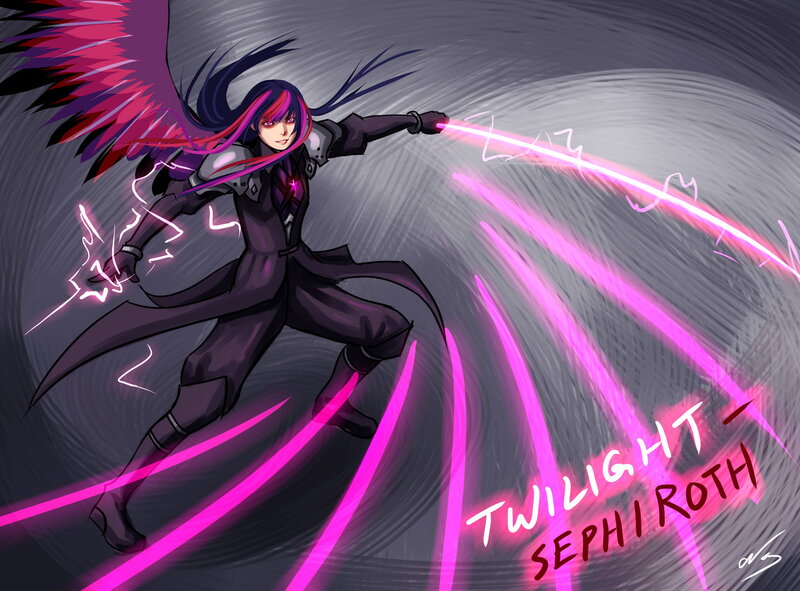 Size: 1725x1275 | Tagged: abstract background, acdsee, artist:ninjaham, crossover, dead source, derpibooru import, female, final fantasy, human, humanized, safe, sephiroth, solo, sword, twilight sparkle, winged humanization, wings