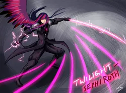 Size: 1725x1275 | Tagged: abstract background, acdsee, artist:ninjaham, crossover, dead source, derpibooru import, female, final fantasy, human, humanized, safe, sephiroth, solo, sword, twilight sparkle, winged humanization, wings