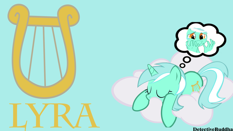 Size: 1366x768 | Tagged: source needed, safe, artist:detectivebuddha, derpibooru import, lyra heartstrings, unicorn, cloud, cutie mark, hand, lyre, musical instrument, sleeping, that pony sure does love hands, thought bubble, wallpaper