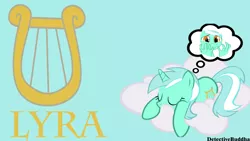 Size: 1366x768 | Tagged: source needed, safe, artist:detectivebuddha, derpibooru import, lyra heartstrings, unicorn, cloud, cutie mark, hand, lyre, musical instrument, sleeping, that pony sure does love hands, thought bubble, wallpaper