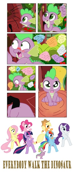 Size: 1261x3000 | Tagged: safe, artist:pyruvate, derpibooru import, applejack, fluttershy, pinkie pie, rainbow dash, rarity, spike, twilight sparkle, dragon, earth pony, pegasus, pony, unicorn, comic, dancing, female, golden oaks library, innuendo, library, male, mane seven, mare, nosebleed, pun, song reference, unicorn twilight, visual pun, walk the dinosaur, was (not was), was not was