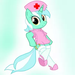 Size: 1415x1415 | Tagged: safe, artist:pyruvate, derpibooru import, lyra heartstrings, pony, bipedal, clothes, nurse, simple background, socks, solo, standing, white background