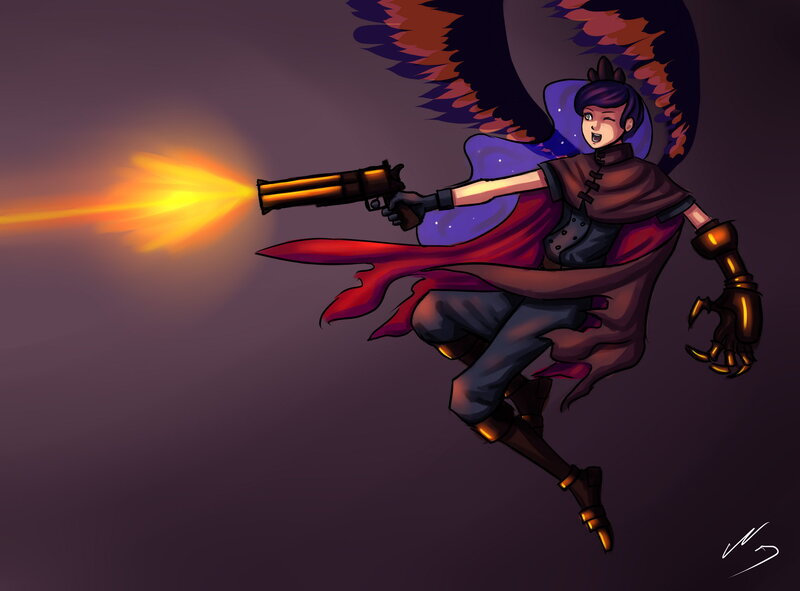 Size: 1725x1275 | Tagged: acdsee, artist:ninjaham, crossover, dead source, derpibooru import, female, final fantasy, final fantasy vii, gradient background, gun, human, humanized, princess luna, safe, skinny, solo, vincent valentine, winged humanization, wings