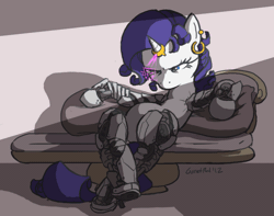 Size: 800x630 | Tagged: alternate hairstyle, amputee, animated, artist:moronsonofboron, augmented, cyborg, derpibooru import, deus ex, deus ex: human revolution, eye shimmer, fainting couch, hologram, horn ring, i never asked for this, prosthetics, rarity, safe, storm princess