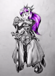 Size: 718x1000 | Tagged: anthro, armor, artist:discommunicator, crossover, derpibooru import, king arthur, lost saga, safe, sword, traditional art, twilight sparkle