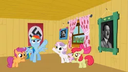 Size: 1191x671 | Tagged: dead source, safe, artist:detectivebuddha, deleted from derpibooru, derpibooru import, apple bloom, rainbow dash, scootaloo, sweetie belle, earth pony, pegasus, pony, unicorn, adolf hitler, banner, cutie mark crusaders, female, filly, heil, mare, nazi, swastika, we are going to heil, we are going to hell