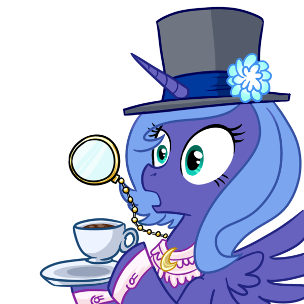 Size: 1000x1000 | Tagged: safe, artist:madmax, derpibooru import, princess luna, alicorn, pony, bust, classy, female, gasp, hat, horn, like a sir, mare, monocle, open mouth, portrait, reaction image, s1 luna, simple background, solo, tea, top hat, transparent background, wings