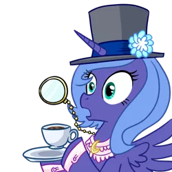 Size: 1000x1000 | Tagged: safe, artist:madmax, derpibooru import, princess luna, alicorn, pony, bust, classy, female, gasp, hat, horn, like a sir, mare, monocle, open mouth, portrait, reaction image, s1 luna, simple background, solo, tea, top hat, transparent background, wings
