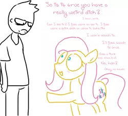 Size: 650x588 | Tagged: suggestive, artist:the weaver, derpibooru import, fluttershy, human, pegasus, pony, adobe imageready, awkward, blushing, dialogue, female, flutterstalker, human fetish, mare, onion head, simple background, vulgar, white background