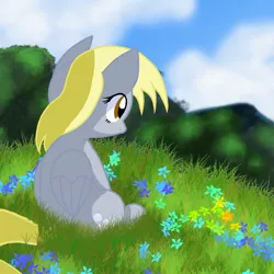 Size: 1369x1369 | Tagged: safe, artist:pyruvate, derpibooru import, derpy hooves, pegasus, pony, female, flower, mare, sitting, solo