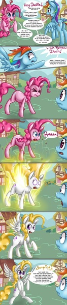 Size: 552x2500 | Tagged: safe, artist:starlightspark, derpibooru import, pinkie pie, rainbow dash, surprise, earth pony, pegasus, pony, comic:pinkie pie's hidden talent, colored pupils, comic, dragon ball z, female, g1, g4 to g1, generation leap, mare, paint tool sai, super form, super saiyan, transformation, xk-class end-of-the-world scenario