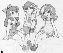 Size: 1000x847 | Tagged: apple bloom, artist:x-arielle, cutie mark crusaders, derpibooru import, humanized, monochrome, overalls, safe, scootaloo, sketch, sweetie belle