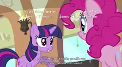 Size: 855x471 | Tagged: safe, derpibooru import, screencap, pinkie pie, twilight sparkle, earth pony, pony, unicorn, female, grin, lip bite, mare, raised eyebrow, raised hoof, smiling, wat, youtube caption