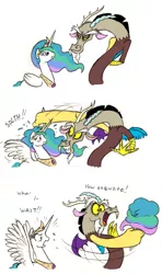 Size: 881x1492 | Tagged: safe, artist:mickeymonster, derpibooru import, discord, princess celestia, alicorn, draconequus, pony, angry, bald, celestia is not amused, comic, cotton candy, discord being discord, female, food, hilarious in hindsight, mane, mare, modular, photoshop, simple background, this will end in petrification, troll, varying degrees of amusement, white background