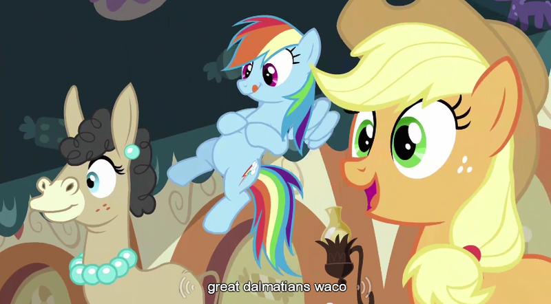 Size: 852x471 | Tagged: applejack, derpibooru import, mmmystery on the friendship express, mulia mild, rainbow dash, safe, screencap, youtube caption