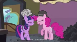 Size: 851x471 | Tagged: derpibooru import, drugs, pinkie pie, safe, screencap, twilight sparkle, youtube caption