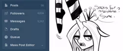 Size: 599x248 | Tagged: safe, artist:tarajenkins, derpibooru import, queen chrysalis, changeling, changeling queen, cupidite, bust, clothes, dialogue, fangs, female, floppy ears, image, jpeg, lidded eyes, monochrome, open mouth, portrait, simple background, socks, solo, tumblr, white background
