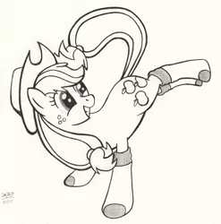 Size: 2316x2348 | Tagged: applejack, artist:aqnichols, artist:beechsprout, clothes, derpibooru import, high res, kicking, looking back, monochrome, safe, socks, solo, traditional art