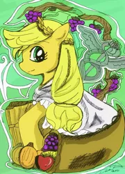 Size: 1123x1560 | Tagged: applejack, artist:danielle-chan, caduceus, clothes, cornucopia, demeter, derpibooru import, greek mythology, hatless, missing accessory, safe, solo, wreath