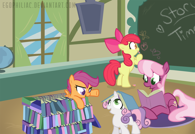 Size: 1800x1238 | Tagged: dead source, safe, artist:egophiliac, derpibooru import, apple bloom, cheerilee, scootaloo, sweetie belle, butterfly, earth pony, pegasus, pony, unicorn, call of the cutie, adorabloom, apple, apple bloom's bow, book, book fort, book hat, bow, chalk, chalkboard, cheeribetes, classroom, colored pupils, curtains, cute, cutealoo, cutie mark crusaders, diasweetes, female, filly, foal, food, globe, hair bow, heart, mare, story time, window, writing