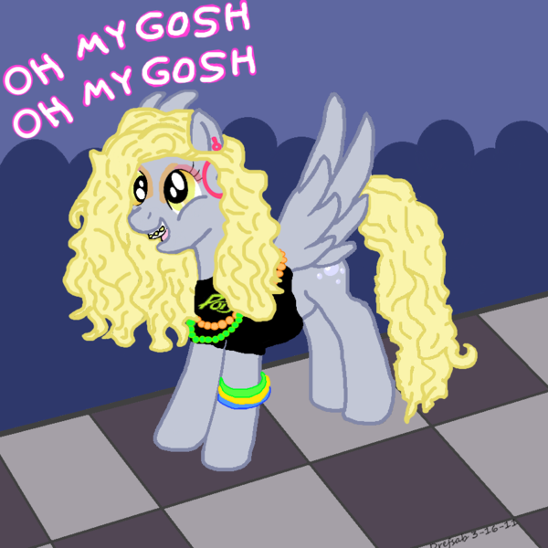 Size: 894x894 | Tagged: safe, artist:drefsab, derpibooru import, derpy hooves, pegasus, pony, 80s, 80s hair, bracelet, braces, clothes, dance floor, dialogue, ear piercing, earring, eyeshadow, female, jewelry, makeup, mare, piercing, shirt, solo, t-shirt, underp