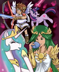 Size: 3150x3850 | Tagged: safe, artist:pikafaa, derpibooru import, princess celestia, twilight sparkle, alicorn, human, unicorn, angel, crossover, goddess, goddess of light, high res, humanized, kid icarus, kid icarus: uprising, palutena, pit (kid icarus), trollestia, winged humanization, wings