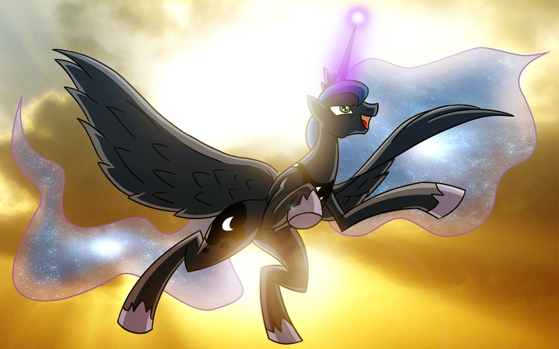 Size: 1920x1200 | Tagged: safe, artist:atomic-chinchilla, derpibooru import, princess luna, alicorn, pony, action pose, backlighting, female, flying, magic, mare, photoshop, solo, spread wings, wings