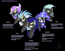 Size: 1517x1188 | Tagged: dead source, safe, artist:pooryorick, derpibooru import, nightshade, oc, oc:blueball blitz, oc:charger, oc:nightshade, oc:starry skies, oc:stratus, pony, black background, bust, clothes, costume, female, goggles, grin, male, mare, portrait, reference sheet, shadowbolts, shadowbolts (nightmare moon's minions), shadowbolts costume, simple background, smiling, stallion