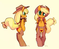 Size: 800x672 | Tagged: applejack, artist:doxy, belly button, bipedal, chaps, clothes, cowboy hat, derpibooru import, female, hat, looking at you, panties, red underwear, safe, semi-anthro, simple background, smiling, solo, underwear