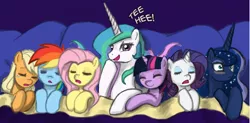 Size: 1100x542 | Tagged: suggestive, artist:johnjoseco, derpibooru import, applejack, fluttershy, princess celestia, princess luna, rainbow dash, rarity, twilight sparkle, pony, ask princess molestia, princess molestia, bed, colored, female, females only, implied incest, implied princest, lesbian, mare, shipping, sleeping, twilestia