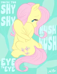Size: 500x647 | Tagged: safe, artist:kevinbolk, derpibooru import, fluttershy, pegasus, pony, colored pupils, cutie mark background, female, kajagoogoo, looking back, mare, photoshop, rear view, sitting, solo, song reference, too shy