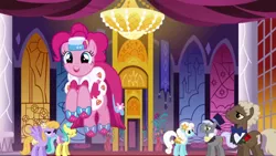 Size: 640x360 | Tagged: safe, derpibooru import, screencap, caesar, count caesar, drizzle, herald, lemony gem, pinkie pie, sealed scroll, serena, earth pony, pegasus, pony, unicorn, the best night ever, bouncing, canterlot ballroom, clothes, dress, female, gala dress, mare