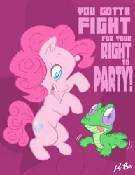 Size: 500x647 | Tagged: safe, artist:kevinbolk, derpibooru import, gummy, pinkie pie, earth pony, pony, beastie boys, colored pupils, cutie mark background, dancing, female, fight for your right, happy, mare, photoshop, rearing, song reference
