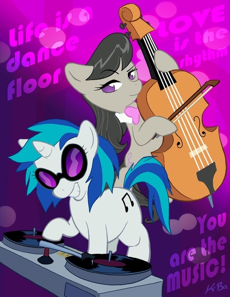 Size: 600x776 | Tagged: safe, artist:kevinbolk, derpibooru import, octavia melody, vinyl scratch, earth pony, pony, unicorn, cello, female, god is a dj, mare, musical instrument, p!nk, photoshop, song reference