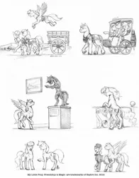Size: 1002x1280 | Tagged: artist:baron engel, cart, derpibooru import, grayscale, monochrome, oc, oc:carousel, oc:petina, oc:sky brush, pencil drawing, safe, taxi, traditional art, unofficial characters only