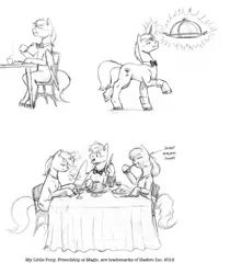 Size: 931x1109 | Tagged: artist:baron engel, derpibooru import, eating, grayscale, monochrome, oc, oc:carousel, oc:petina, oc:sky brush, pencil drawing, safe, traditional art, unofficial characters only, waiter