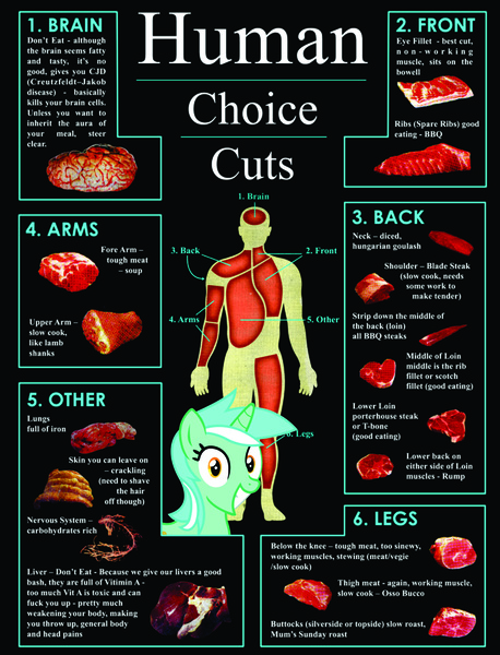 Size: 1562x2048 | Tagged: arms, back, beef, brain, cannibalism, cut, derpibooru import, front, human, legs, lyra heartstrings, meat, semi-grimdark, vulgar