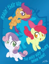 Size: 600x776 | Tagged: safe, artist:kevinbolk, derpibooru import, apple bloom, scootaloo, sweetie belle, earth pony, pegasus, pony, unicorn, colored pupils, cutie mark crusaders, female, filly, photoshop, song reference, the dukes of hazzard, waylon jennings